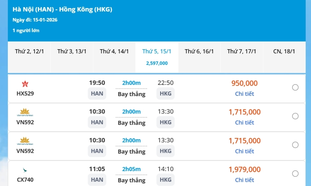 Giá vé máy bay Hà Nội đi Hong Kong mới nhất