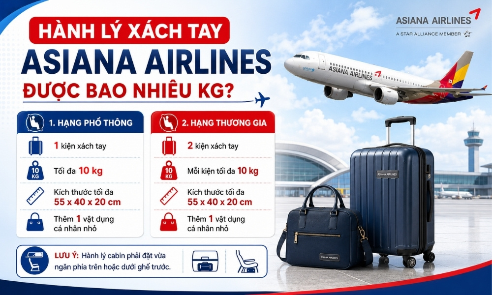 Hành lý xách tay Asiana Airlines được bao nhiêu kg?