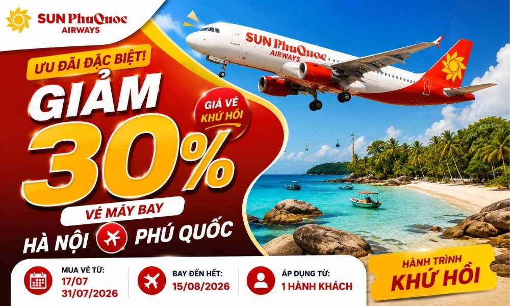 Vé máy bay Hà Nội đi Phú Quốc giảm 30% đến 31/07/2026