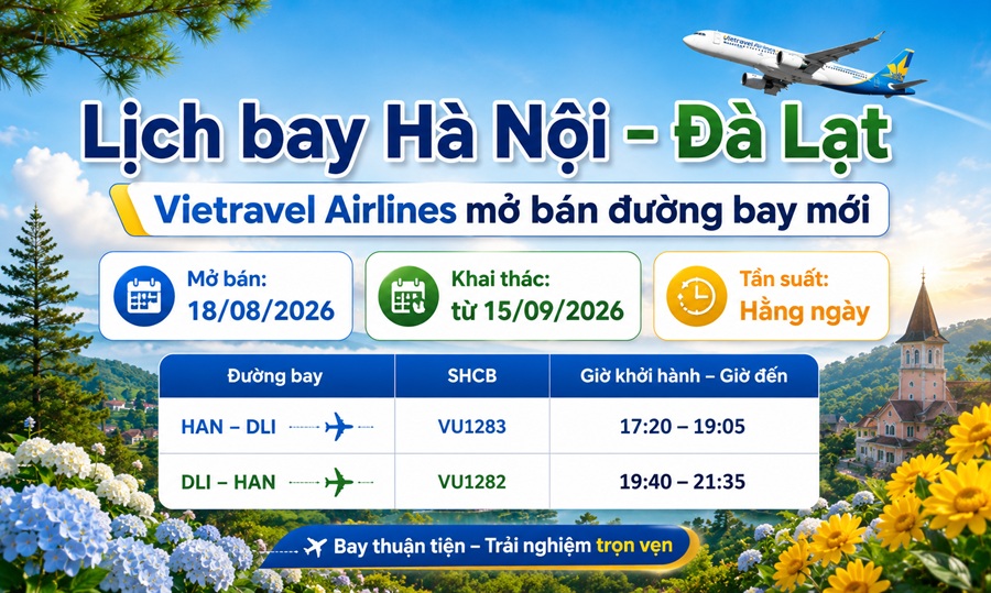 Lịch bay Vietravel Airlines Hà Nội – Đà Lạt