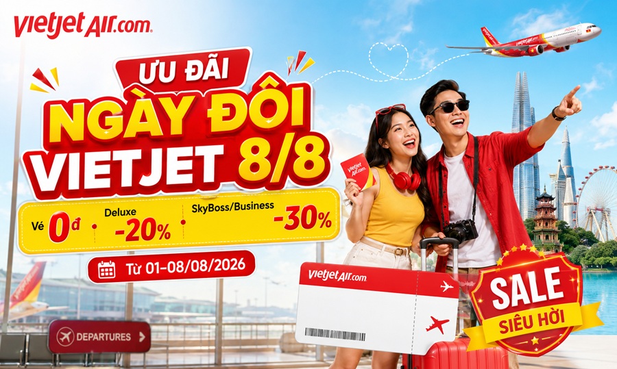 Ưu đãi ngày đôi Vietjet 8/8: 8 ngày săn vé giảm đến 30%
