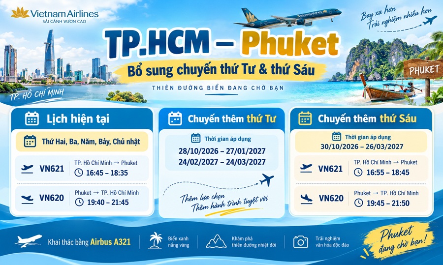TP.HCM – Phuket bổ sung thêm chuyến thứ Tư và thứ Sáu