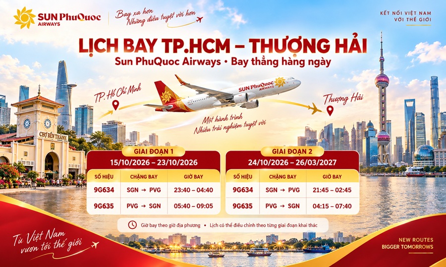 Lịch Bay TP.HCM – Thượng Hải Sun PhuQuoc Airways