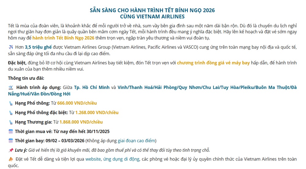 Chi tiết chương trình đồng giá vé máy bay Tết Bính Ngọ 2026 của Vietnam Airlines