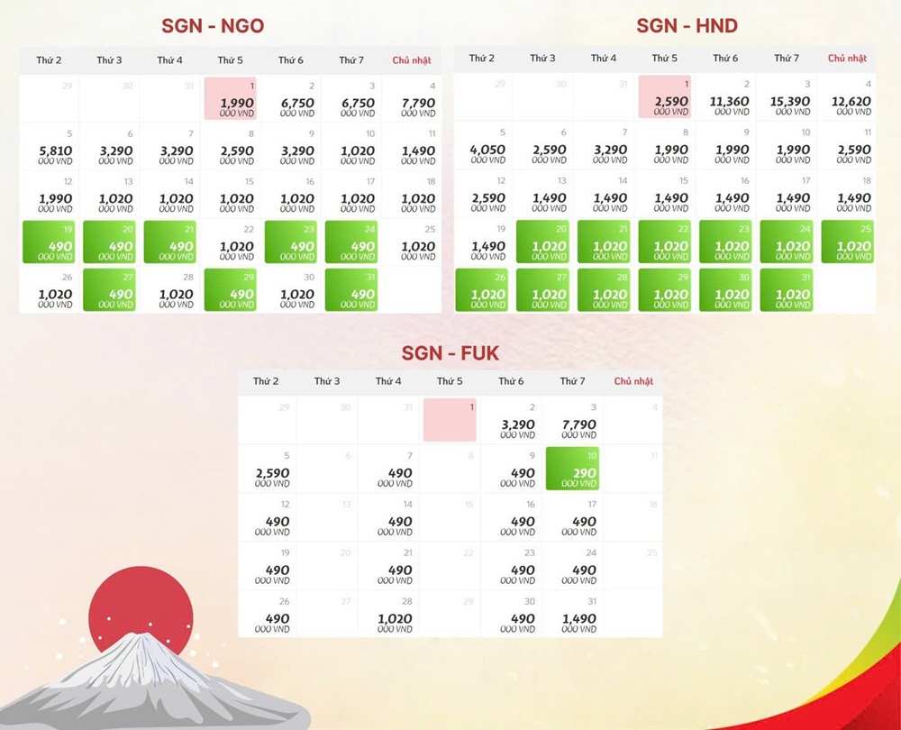 Giá vé bay thẳng Nhật Bản tháng 1