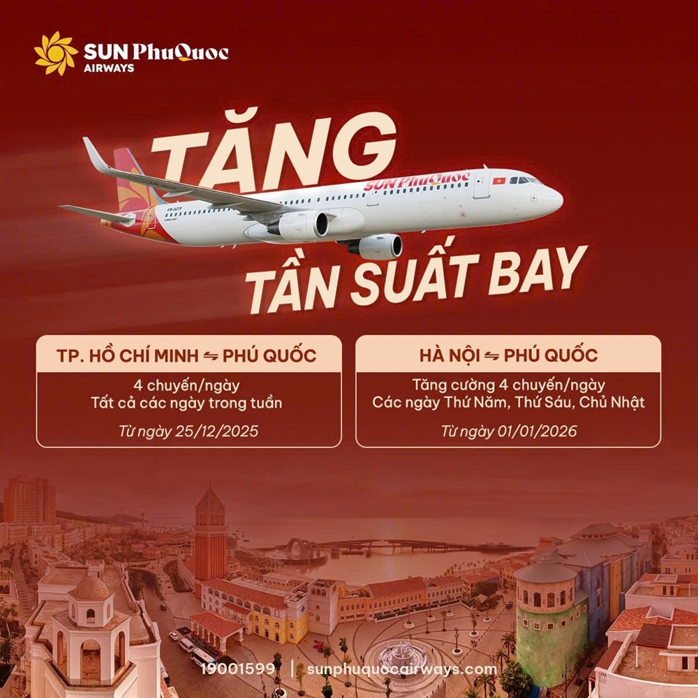 Sun PhuQuoc Airways tăng tần suất bay đến Phú Quốc